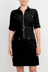 Sharagano Collared Short Sleeve Zipper Front Belted Solid Rayon Dress by Curated Brands