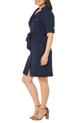 Sharagano Collared Chuffed Sleeve Button Down Belt Hoop Tie Waist Rayon Dress by Curated Brands