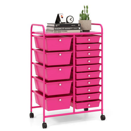 15-Drawer Utility Rolling Organizer Cart MultiUse Storage-Pink