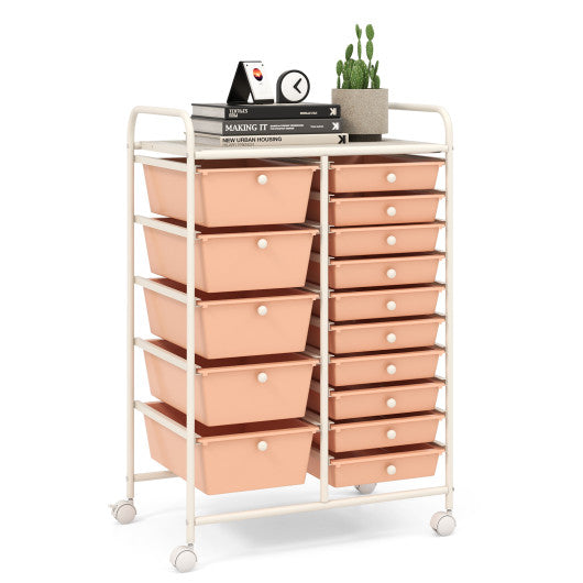 15-Drawer Utility Rolling Organizer Cart Multi-Use Storage-Peach