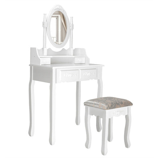 Vanity Table Set with Oval Mirror and 4 Drawers-White