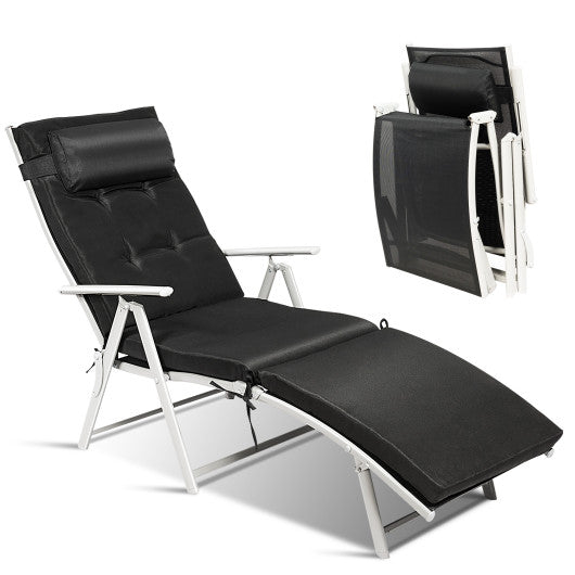 Adjustable Outdoor Lightweight Folding Chaise Lounge Chair with Pillow-Black