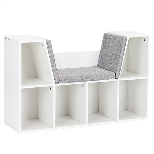 6-Cubby Kid Storage Bookcase Cushioned Reading Nook-White