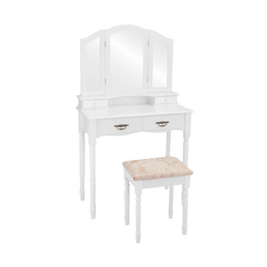 Simple Vanity Set with Tri-Folding Mirror Drawers and Storage Shelf-White