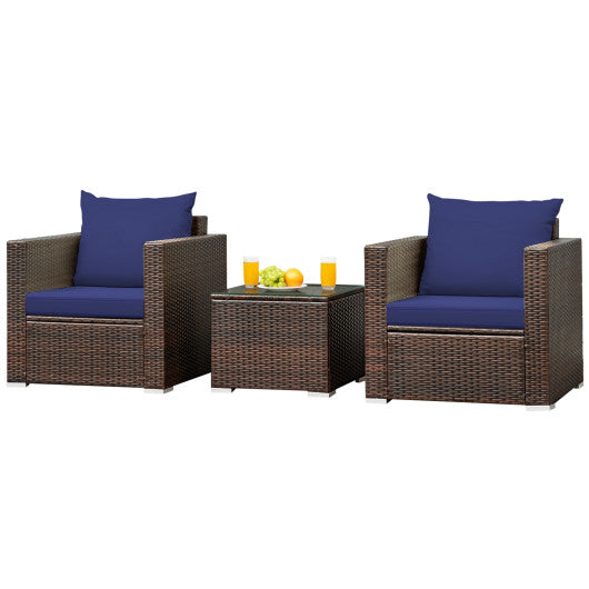 3 Pcs Patio Conversation Rattan Furniture Set with Cushion-Blue