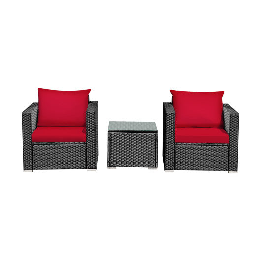 3 Pcs Patio Conversation Rattan Furniture Set with Cushion-Red