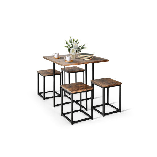 5 Pieces Metal Frame Dining Set with Compact Dining Table and 4 Stools-Walnut