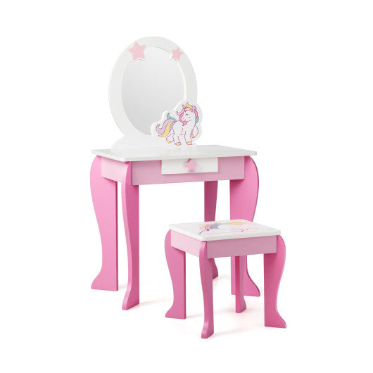 Kids Wooden Makeup Dressing Table and Chair Set with Mirror and Drawer-Pink