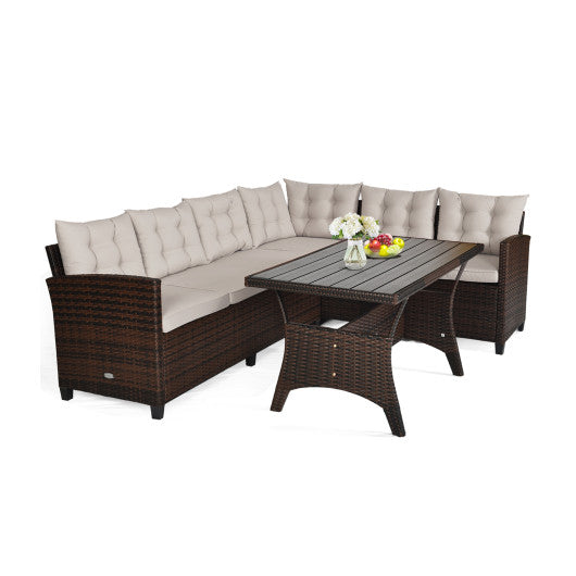 3 Pieces Hand-Woven Rattan Outdoor Sofa Set with Dining Table