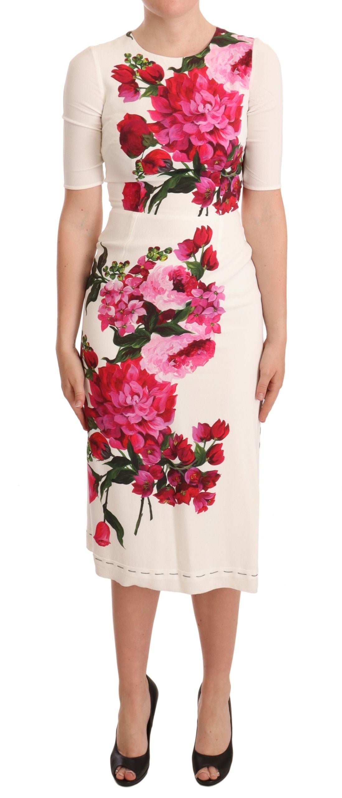 White Floral Printed Crepe Midi Slit Dress by Faz