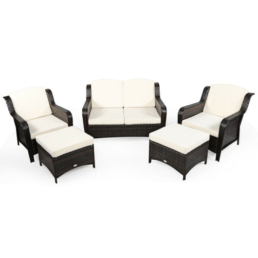 5 Pieces Patio Rattan Sofa Set with Cushion and Ottoman-Off White