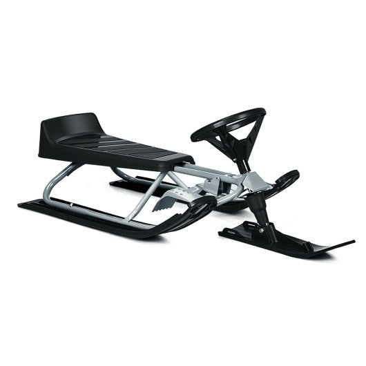 Kids Snow Sled with Steering Wheel and Double Brakes-Black