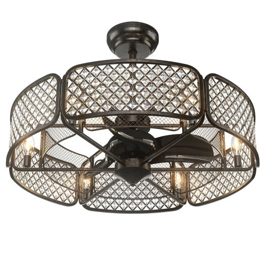 30 Inch Caged Ceiling Fan With Light Crystal Lampshade 6 Light Bases-Brown