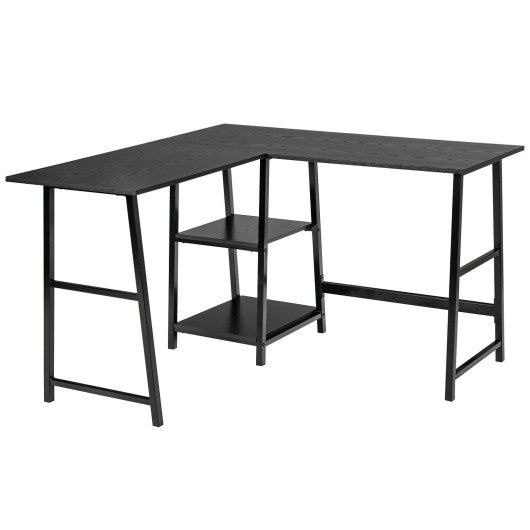 L Shaped Corner Computer Desk with Storage Shelves-Black