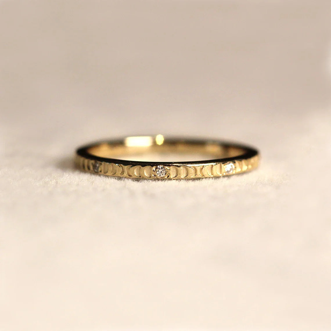 Moon Engraving with Natural Diamond Ring in 14k Gold by VicStoneNYC Fine Jewelry