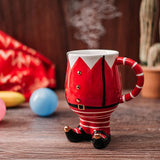 Christmas Santa's Elf Mug - Hand Painted - Holiday Seasonal Gift, Coffee, Tea Water - 14 oz 6" High Winter Season Cup, Cute Merry Xmas, Reindeer, Snowman, Christmas Tree Design, Red & White Gold Decor by The Wine Savant