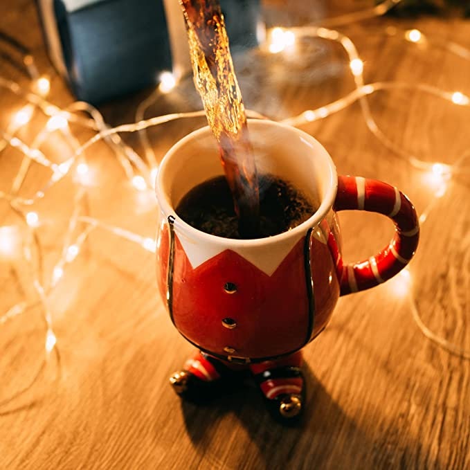 Christmas Santa's Elf Mug - Hand Painted - Holiday Seasonal Gift, Coffee, Tea Water - 14 oz 6" High Winter Season Cup, Cute Merry Xmas, Reindeer, Snowman, Christmas Tree Design, Red & White Gold Decor by The Wine Savant