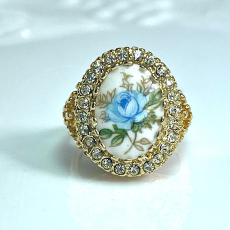 Vintage Ring Hand Painted Blue Rose Porcelain Stone and Austrian Crystals in an 18k Gold Plated Setting #R714-B Size 7 Only by PVD Vintage Jewelry