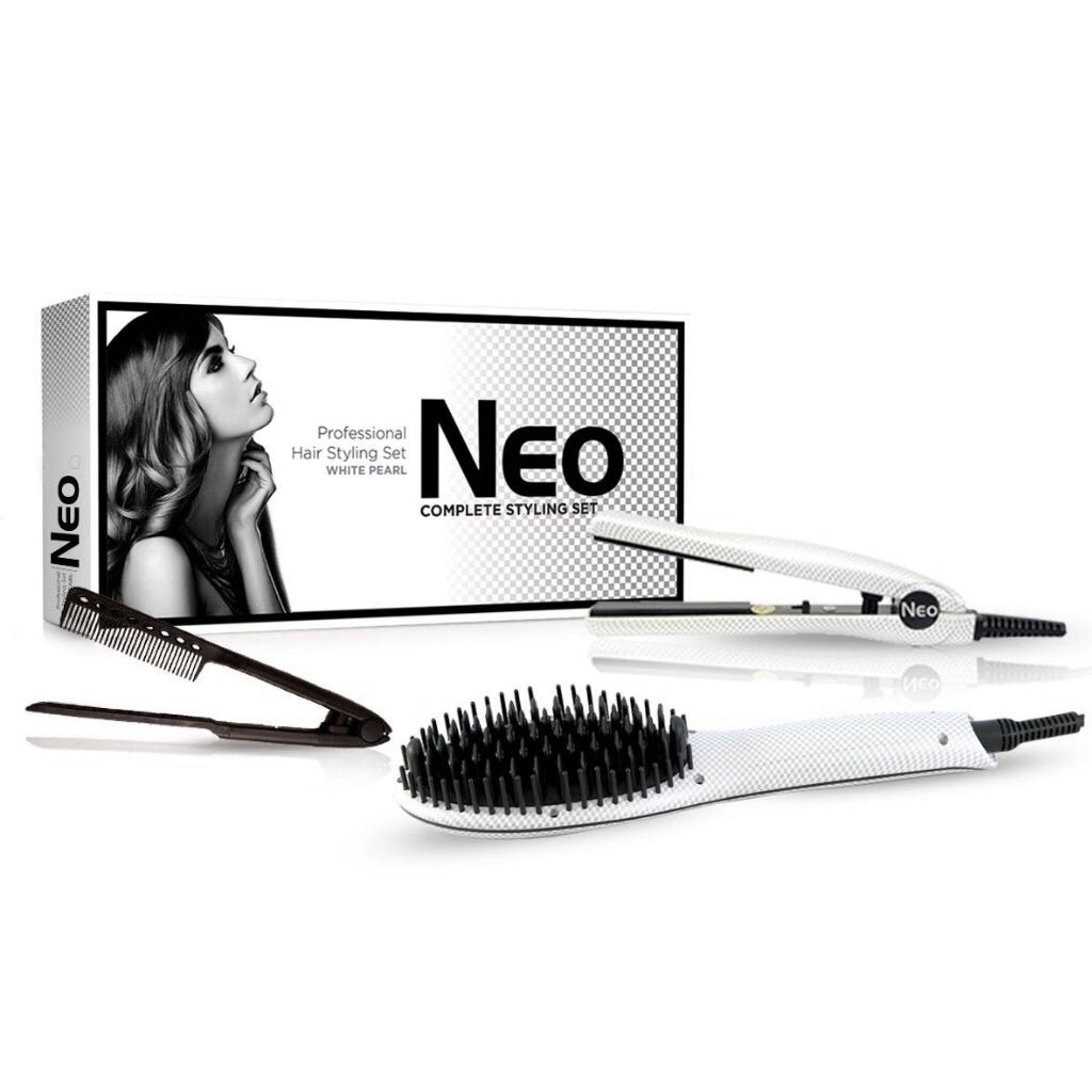 The Heated Brush Set - Heated Straightening Brush w/ 0.5" Mini Flat Iron & EZ Comb - White Pearl