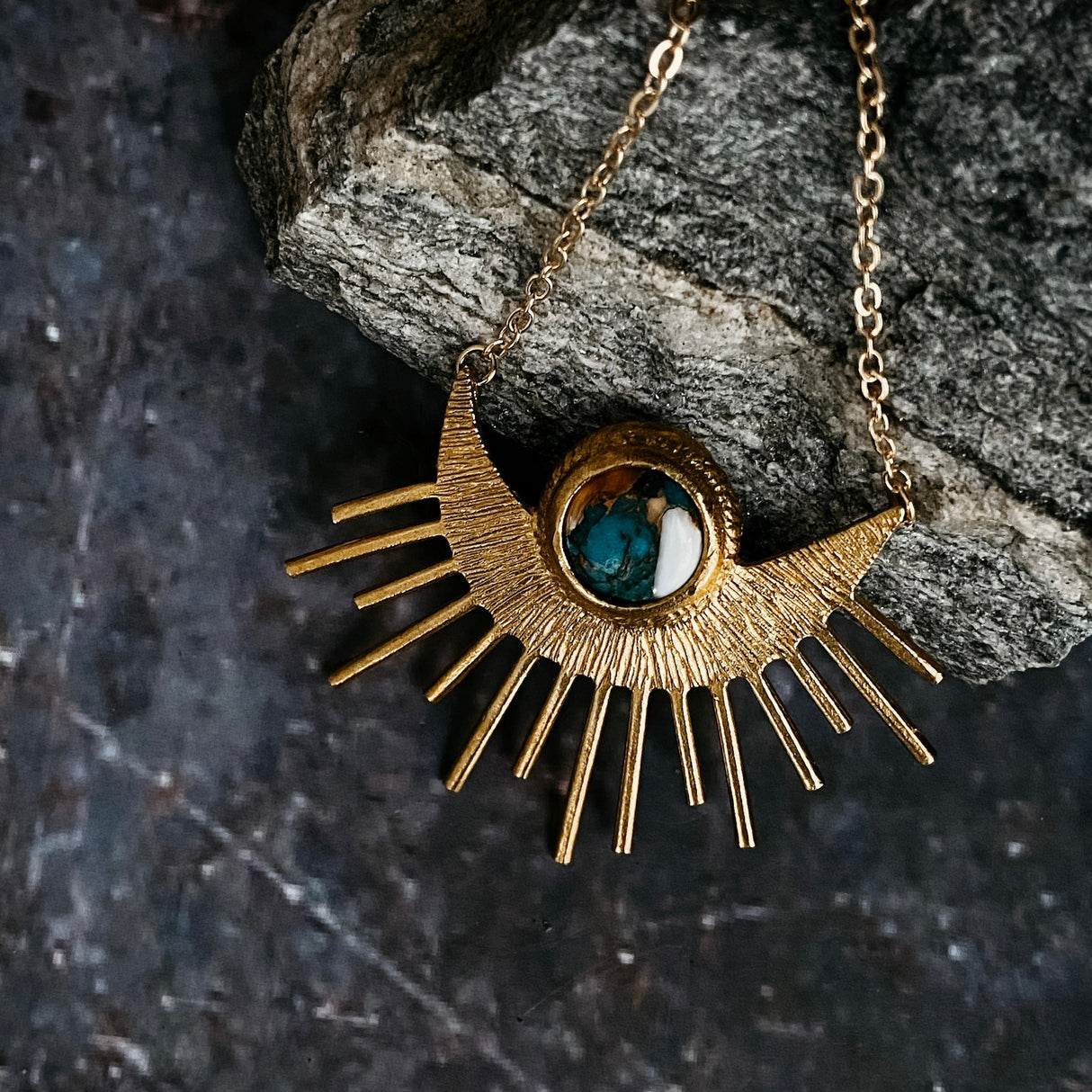 Sun Goddess Necklace - Sun Pendant with Copper Oyster Turquoise by Yugen Handmade