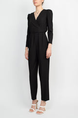 Julia Jordan V-Neck Long Sleeve Tie Side Zipper Back Solid Stretch Crepe Jumpsuit by Curated Brands