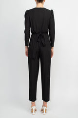 Julia Jordan V-Neck Long Sleeve Tie Side Zipper Back Solid Stretch Crepe Jumpsuit by Curated Brands