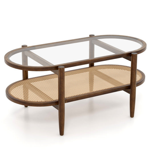 2-Tier Coffee Table with Tempered Glass Tabletop and Acacia Wood Frame-Brown