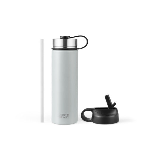 22 Oz Double-walled Insulated Stainless Steel Water Bottle with 2 Lids and Straw-Gray