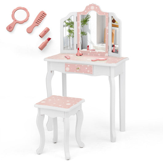 Princess Pretend Play Makeup Table and Stool Set with Tri-folding Mirror-Pink