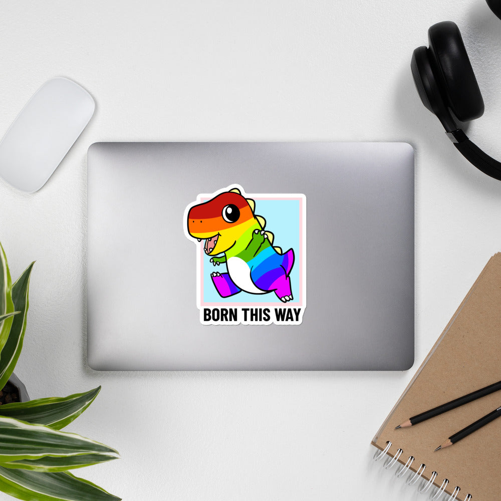 Born This Way LGBT Pride Cartoon Dinosaur Bubble-free stickers by Proud Libertarian