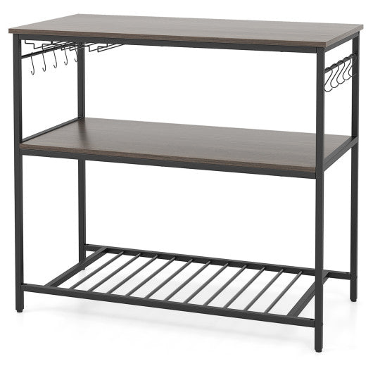 Kitchen Island with 3 Shelves Wine Glass Holders and 10 Hooks-Gray