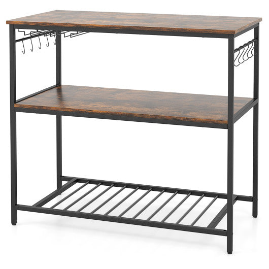 3 Shelves Kitchen Island Industrial Prep Table with Bottom Wine Rack-Rustic Brown