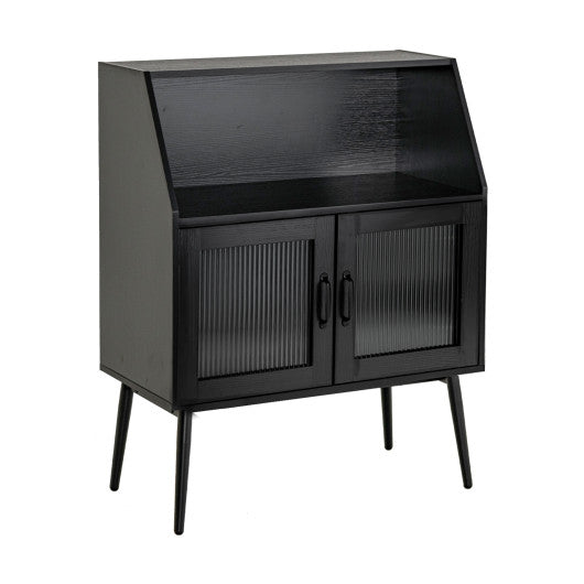 Kitchen Sideboard Buffet with Open Cubby and 2 Glass Doors-Black