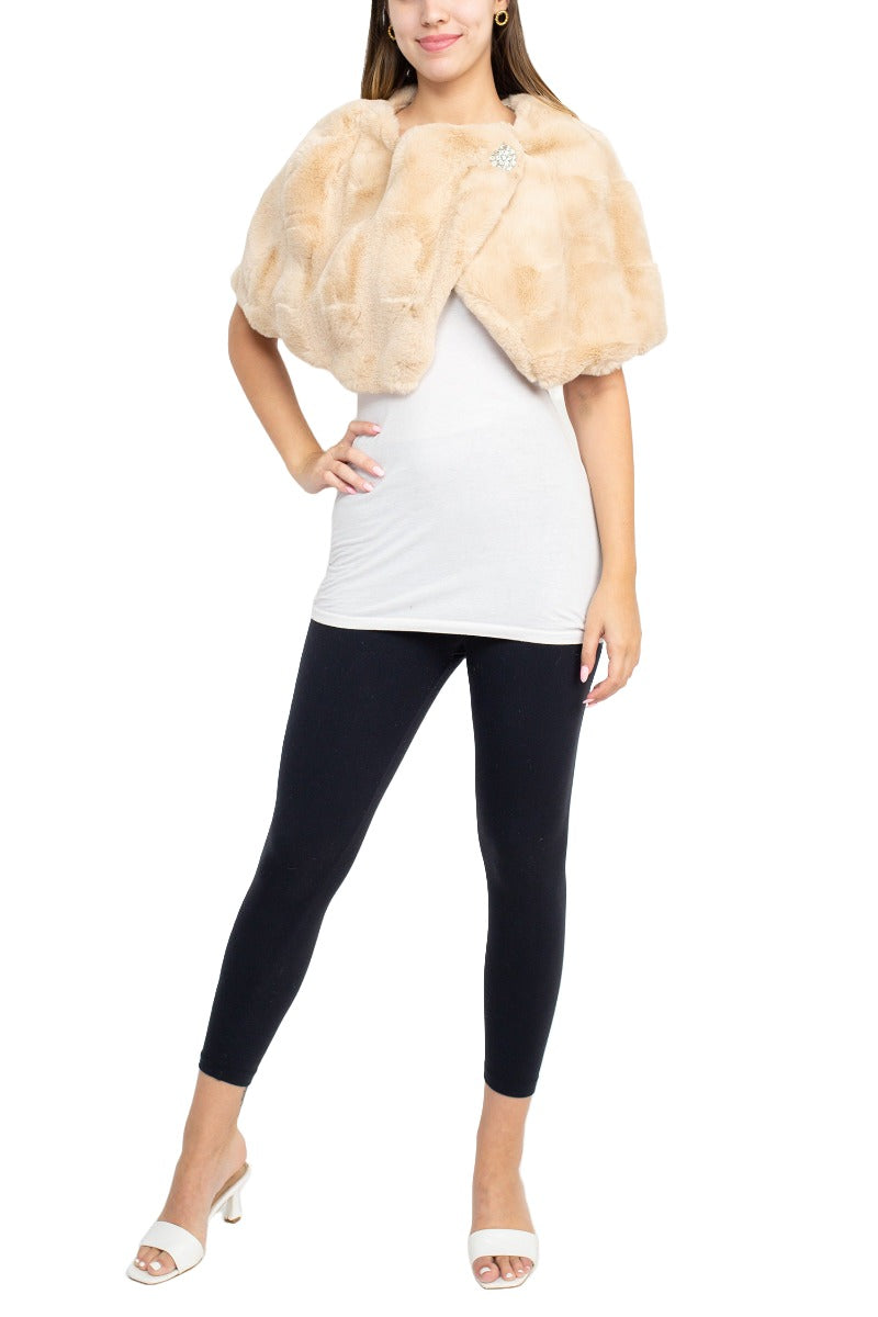 Nina Leonard Crew Neck Cape Sleeve Embellished One Button Solid Faux Fur by Curated Brands