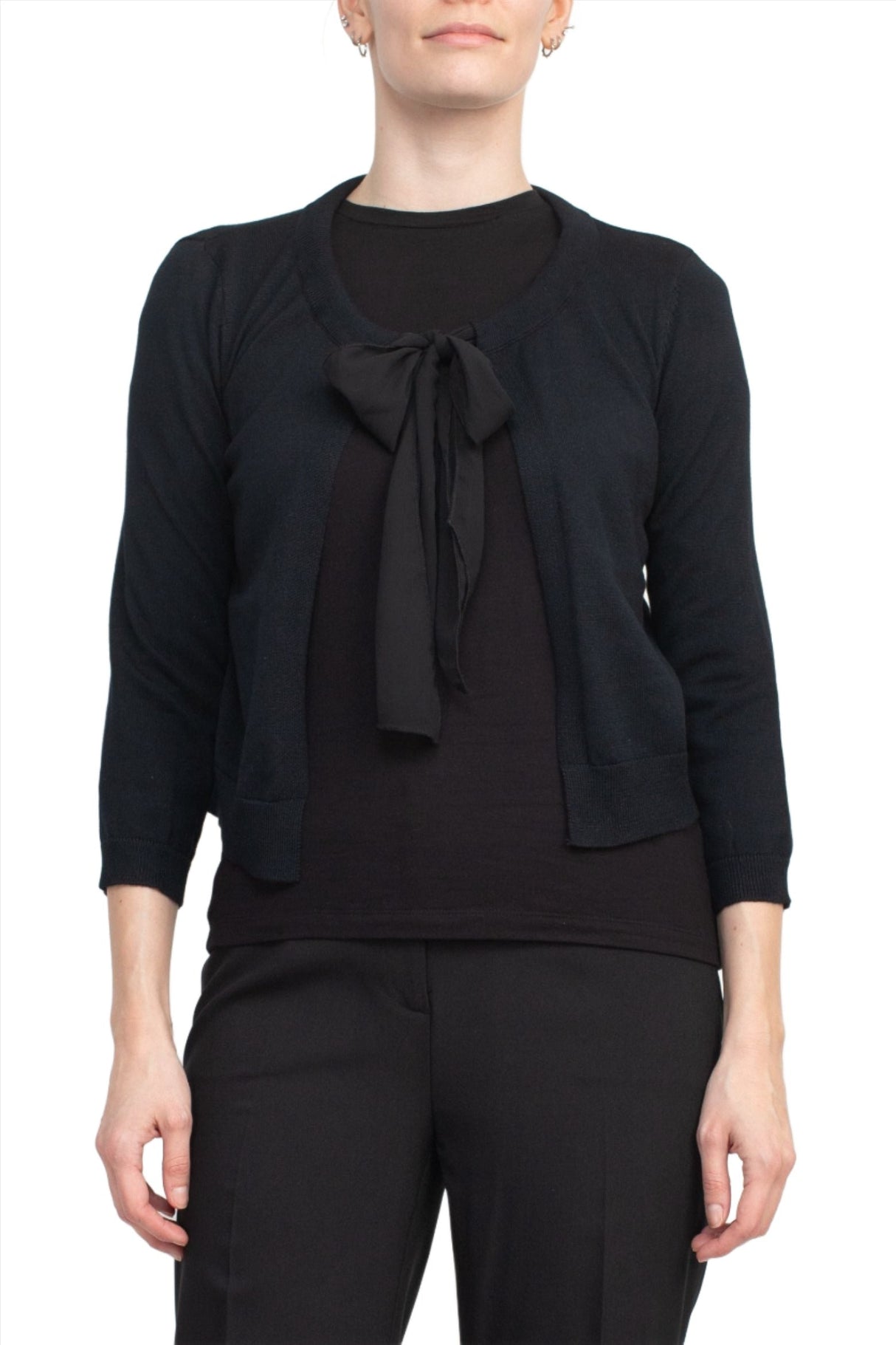 Nina Leonard Crew Neck Tie Neck 3/4 Sleeve  Open Front Solid Rayon Bolero by Curated Brands