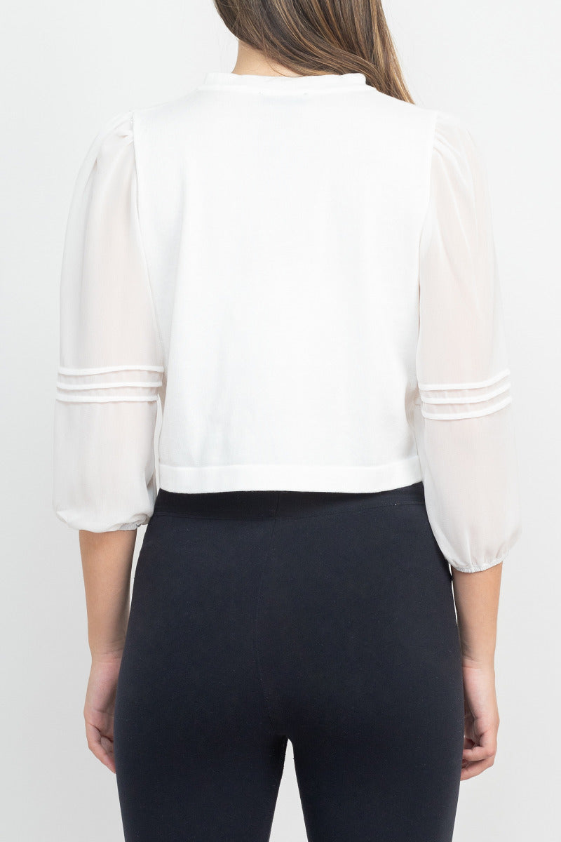 Nina Leonard Crew Neck Closure Knit Bodice 3/4 Chiffon Sleeve Solid Bolero by Curated Brands