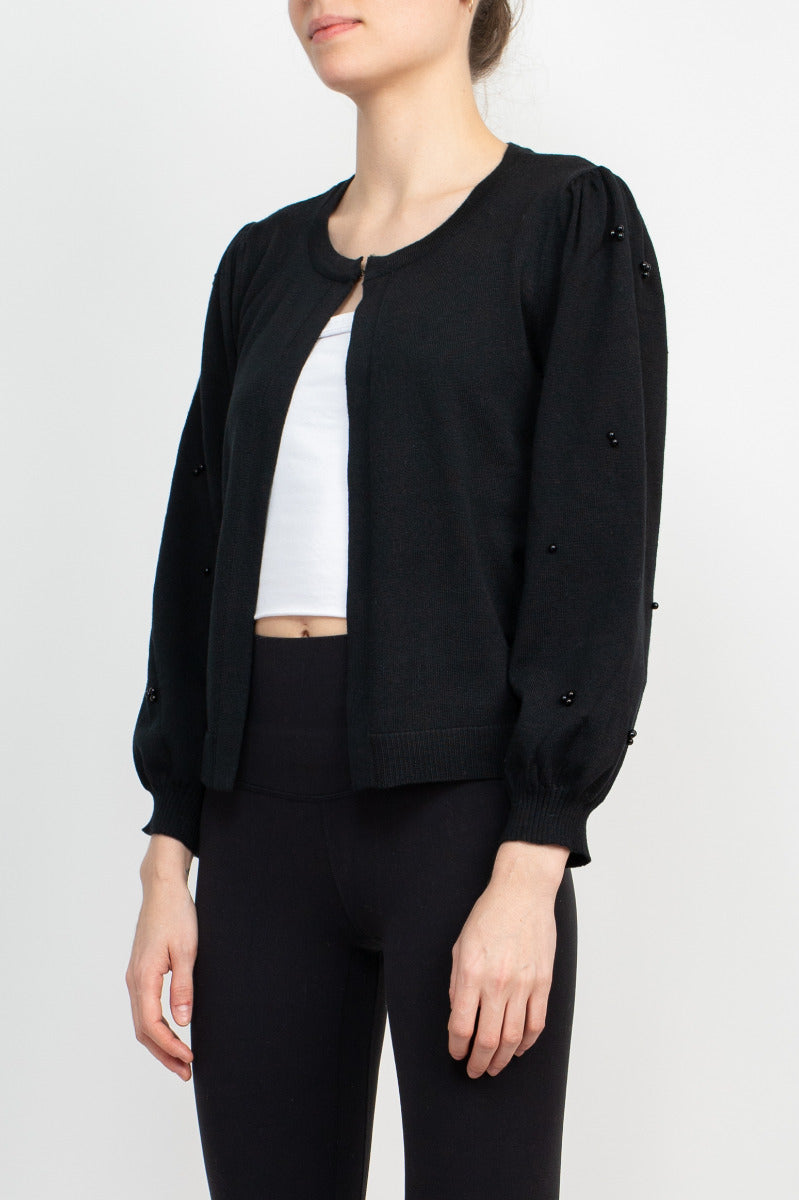 Nina Leonard Crew Neck Hook Closure 3/4 Bishop Sleeves Knit Cardigan by Curated Brands