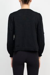 Nina Leonard Crew Neck Hook Closure 3/4 Bishop Sleeves Knit Cardigan by Curated Brands