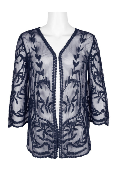 Nine Leonard V-Neck Open Front 3/4 Sleeve Floral Embroidered Mesh Cardigan by Curated Brands