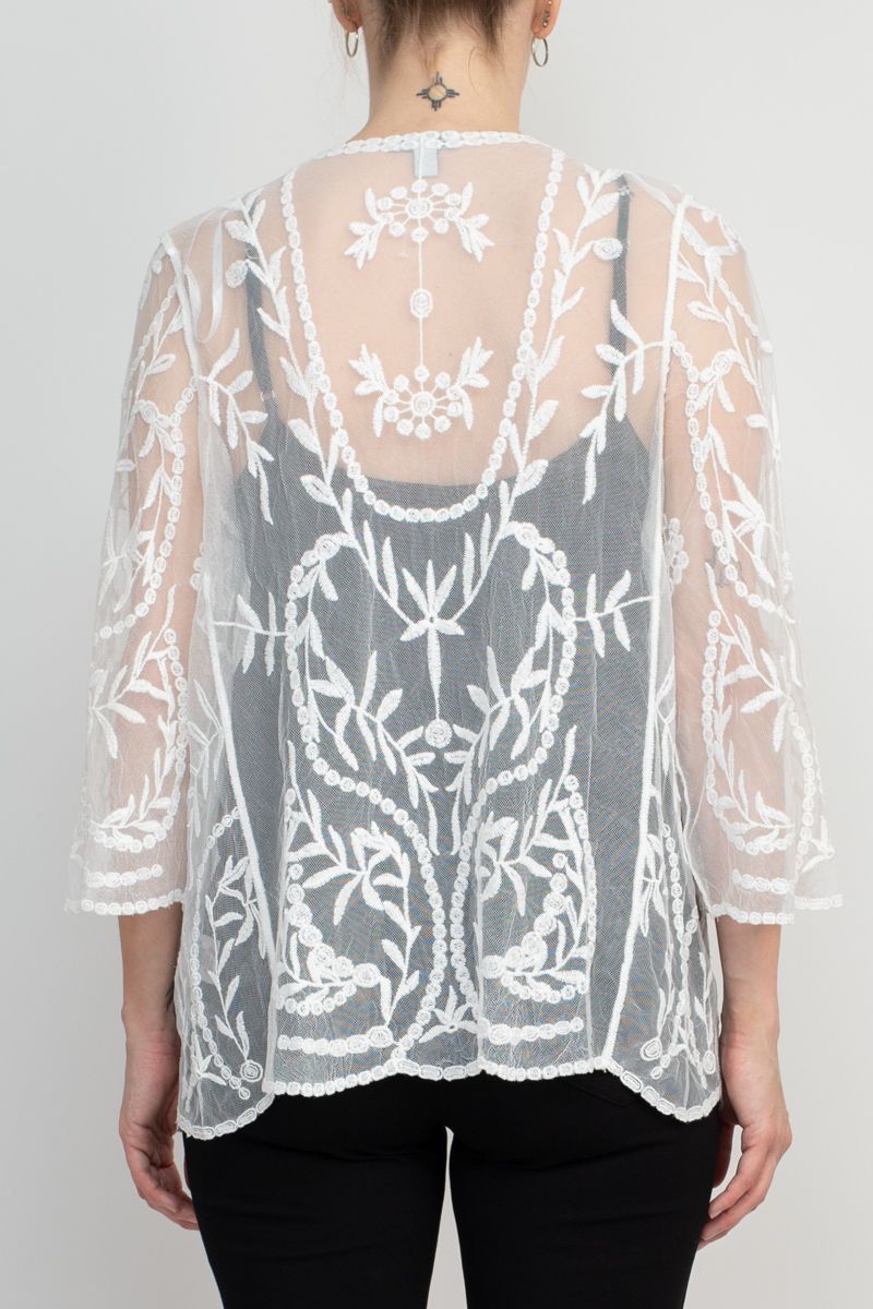 Nine Leonard V-Neck Open Front 3/4 Sleeve Floral Embroidered Mesh Cardigan by Curated Brands