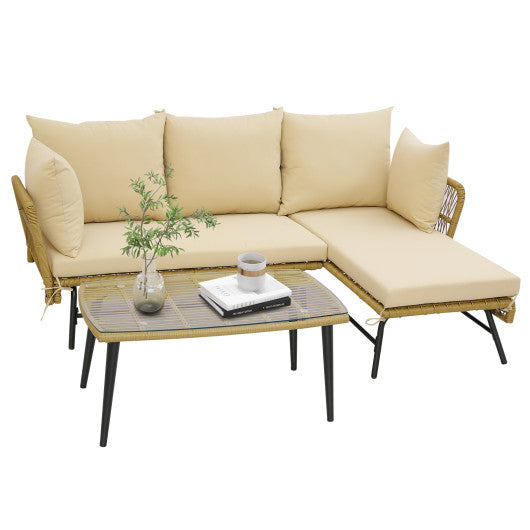 3 Pieces L-Shaped Patio Sofa with Cushions and Tempered Glass Table-Beige