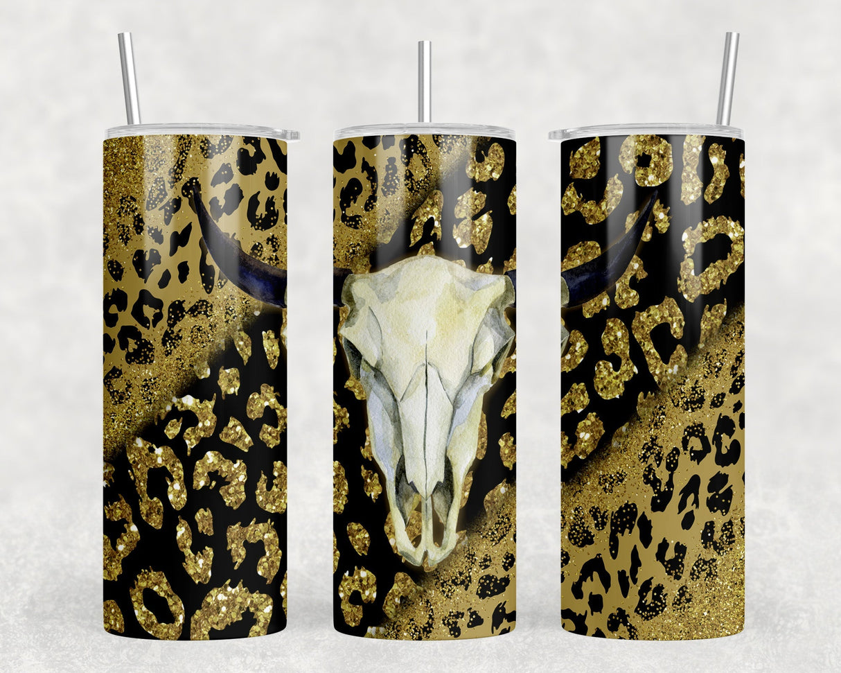 Leopard Print Bull Skull - 20 oz Steel Skinny Tumbler - Optional Blue Tooth Speaker - Speaker Color will Vary by Rowdy Ridge Co