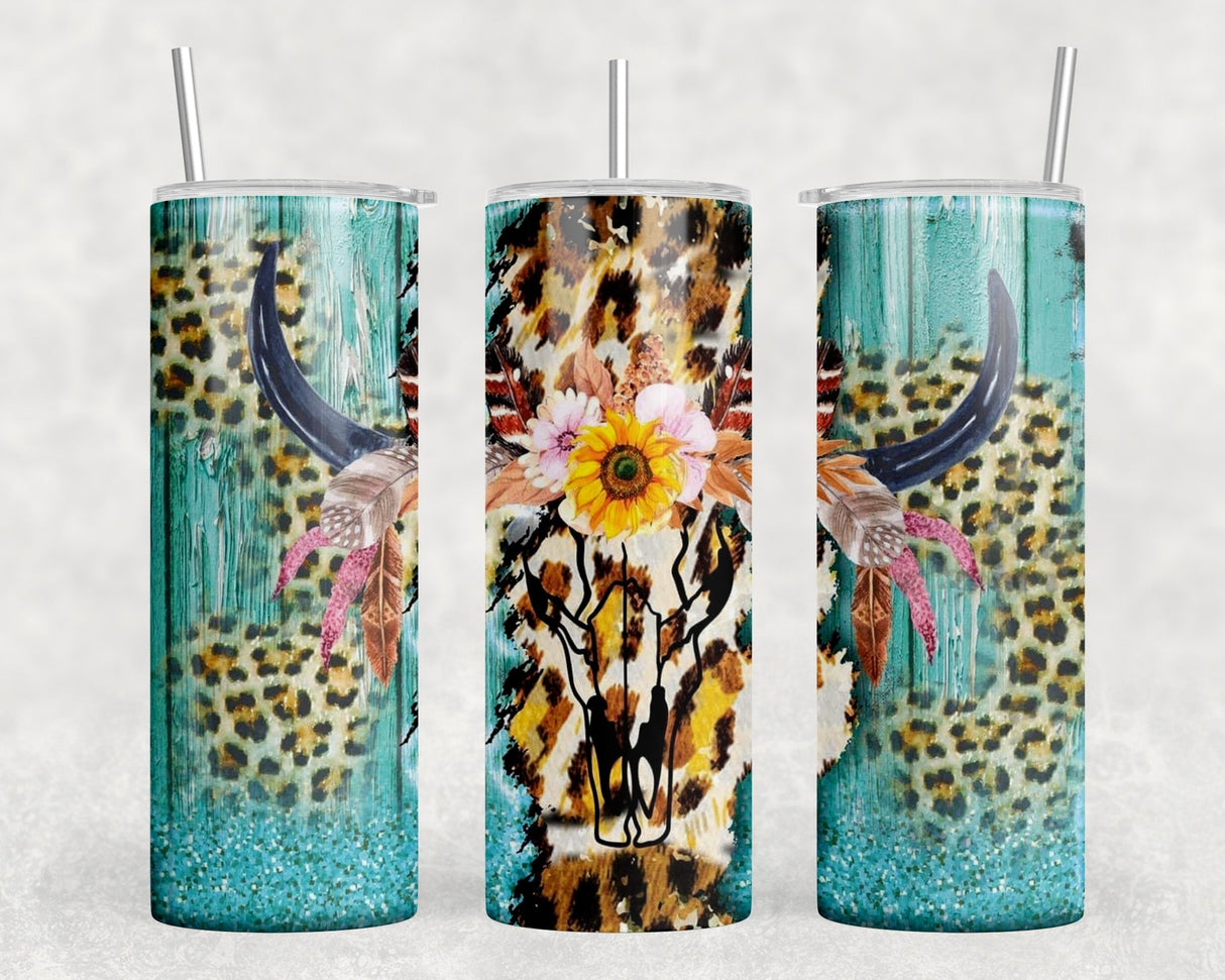 Leopard Print Bull Skull|Skinny Tumbler|Optional Bluetooth Speaker| Speaker Color Varies by Rowdy Ridge Co