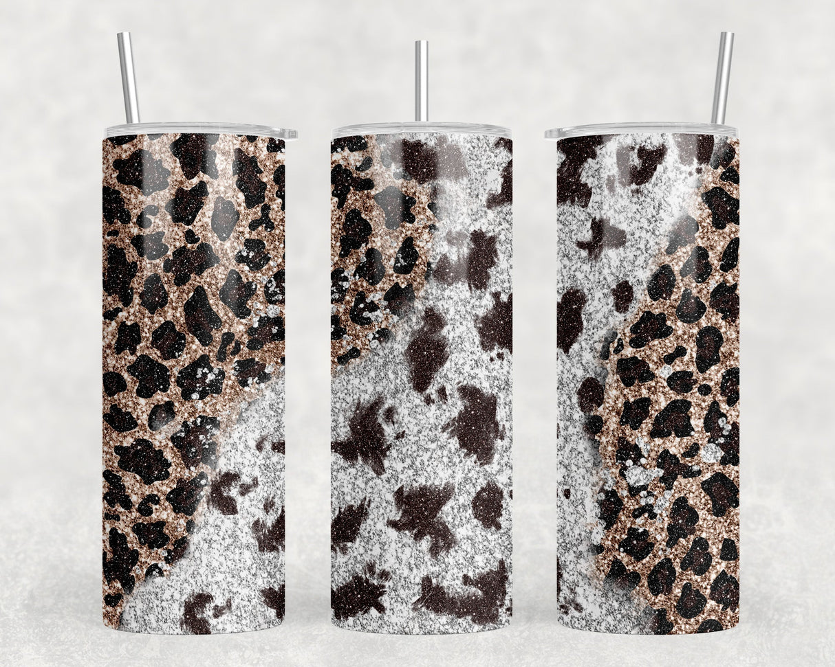 Leopard Print Cow Print - 20 oz Steel Skinny Tumbler - Optional Blue Tooth Speaker - Speaker Color will Vary by Rowdy Ridge Co