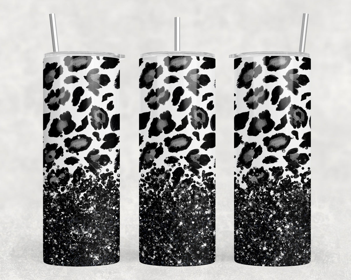 Leopard Print faux glitter - 20 oz Steel Skinny Tumbler - Optional Blue Tooth Speaker - Speaker Color will Vary by Rowdy Ridge Co