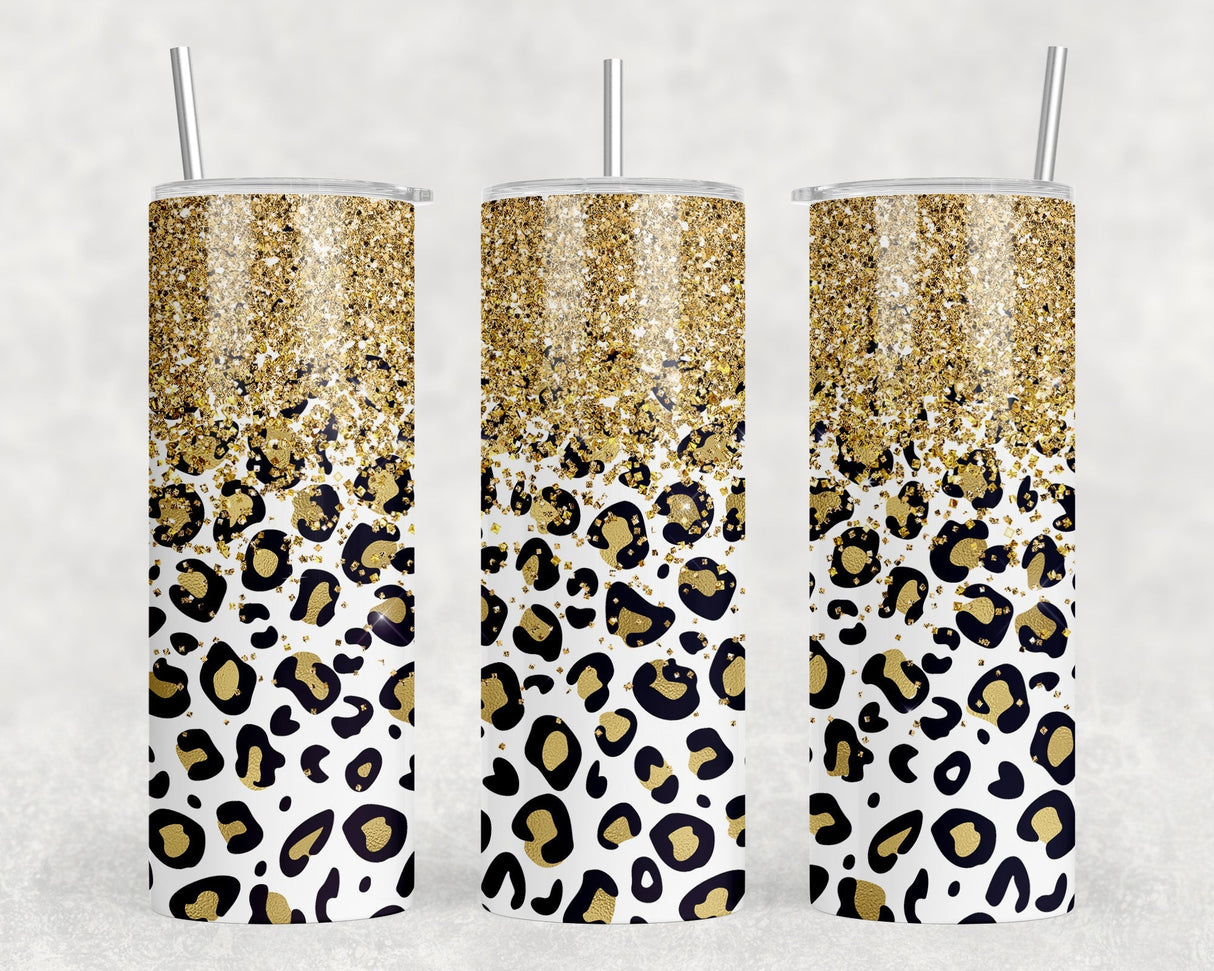 Leopard Print faux glitter - 20 oz Steel Skinny Tumbler - Optional Blue Tooth Speaker - Speaker Color will Vary by Rowdy Ridge Co