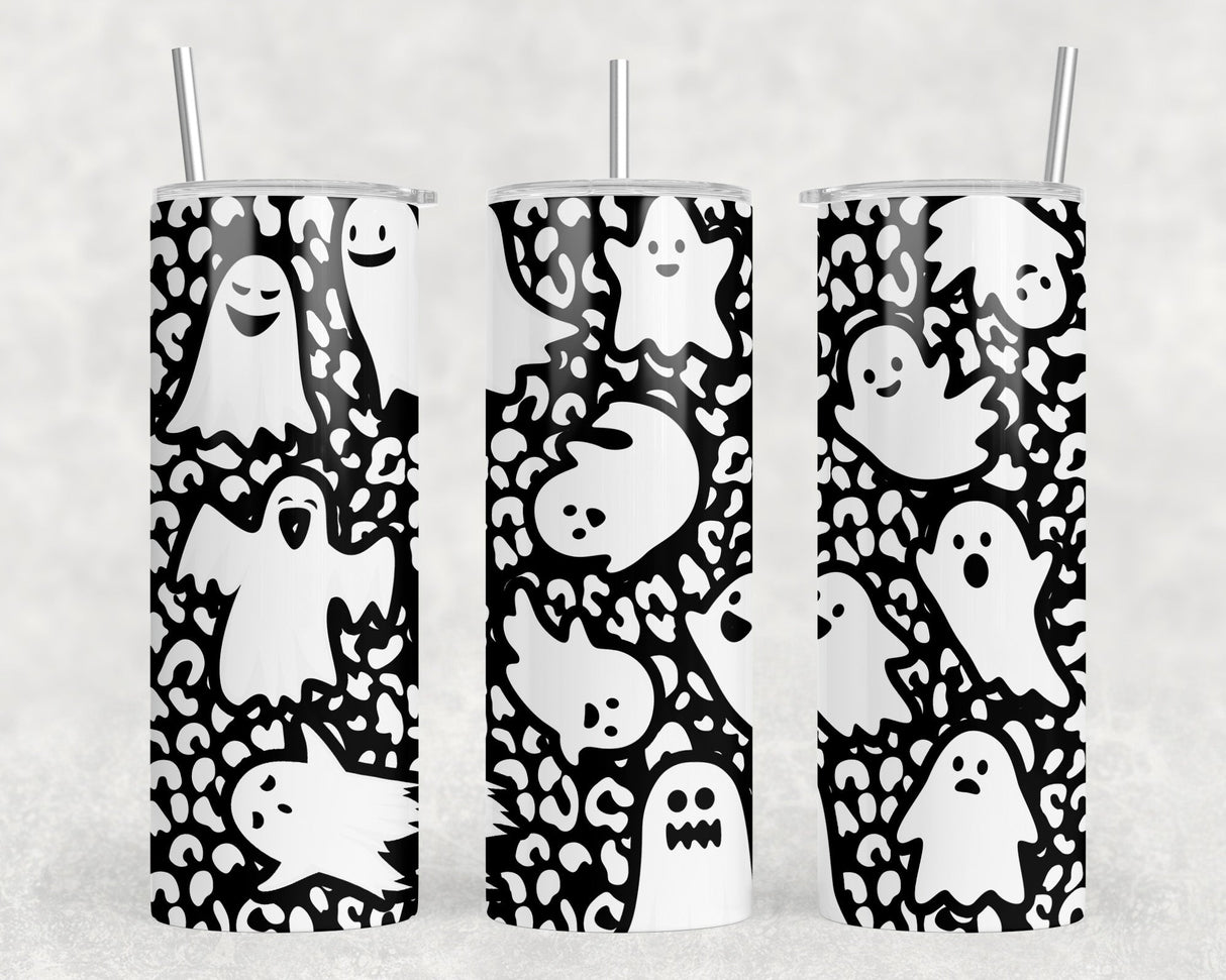 Leopard Print Ghosts - 20 oz Steel Skinny Tumbler - Optional Blue Tooth Speaker - Speaker Color will Vary by Rowdy Ridge Co