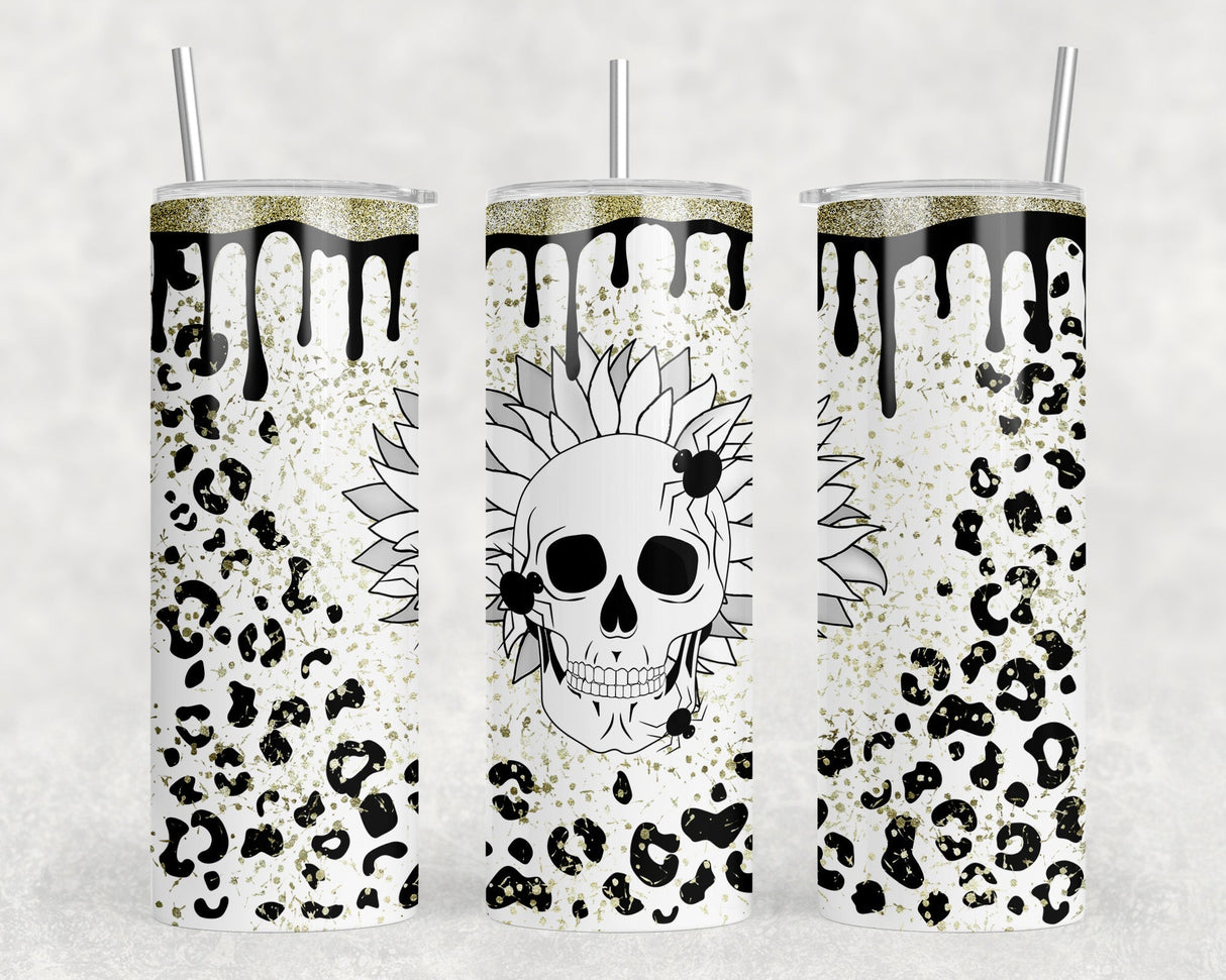 Leopard Print Skull - 20 oz Steel Skinny Tumbler - Optional Blue Tooth Speaker - Speaker Color will Vary by Rowdy Ridge Co