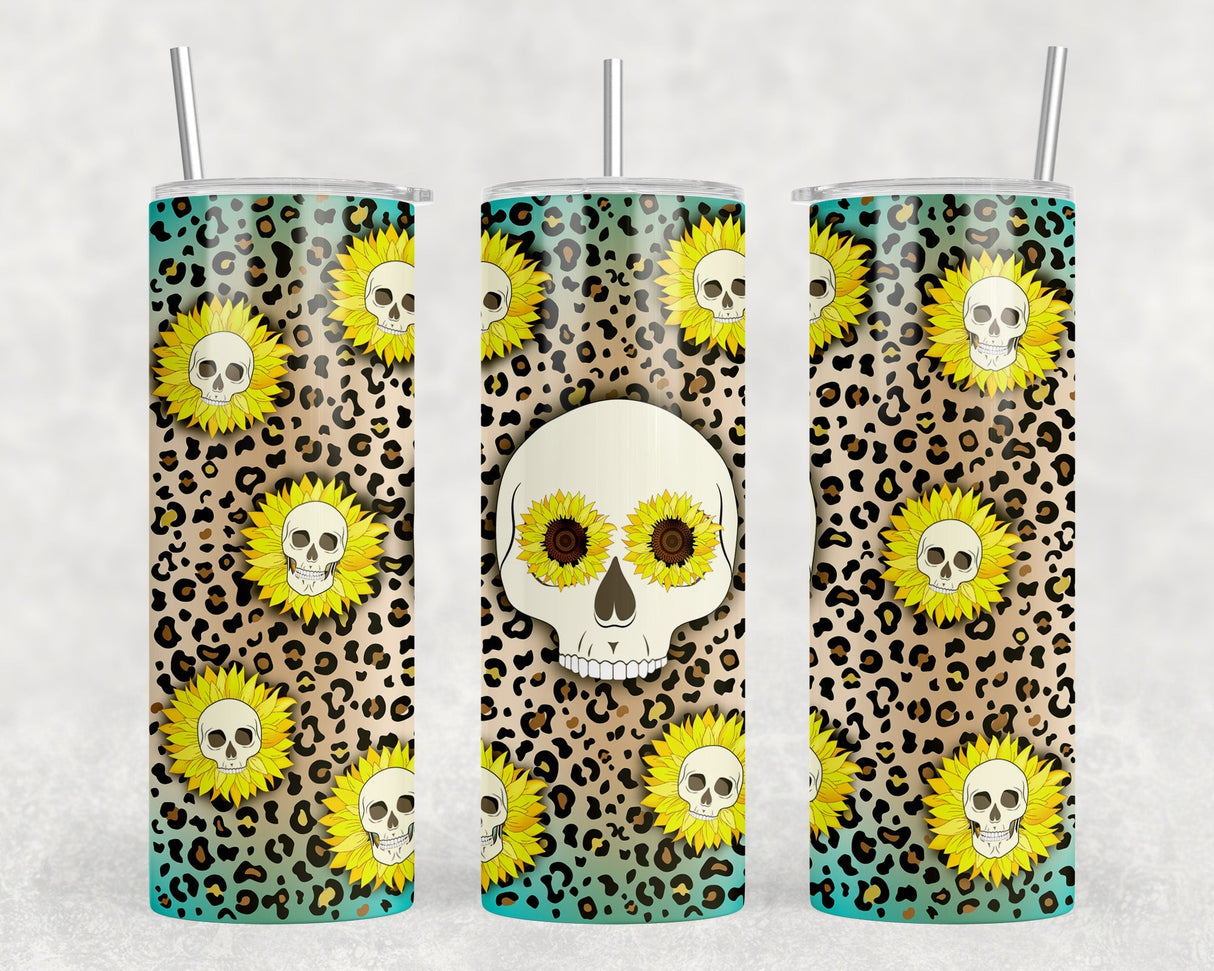 Leopard Print Skull - 20 oz Steel Skinny Tumbler - Optional Blue Tooth Speaker - Speaker Color will Vary by Rowdy Ridge Co