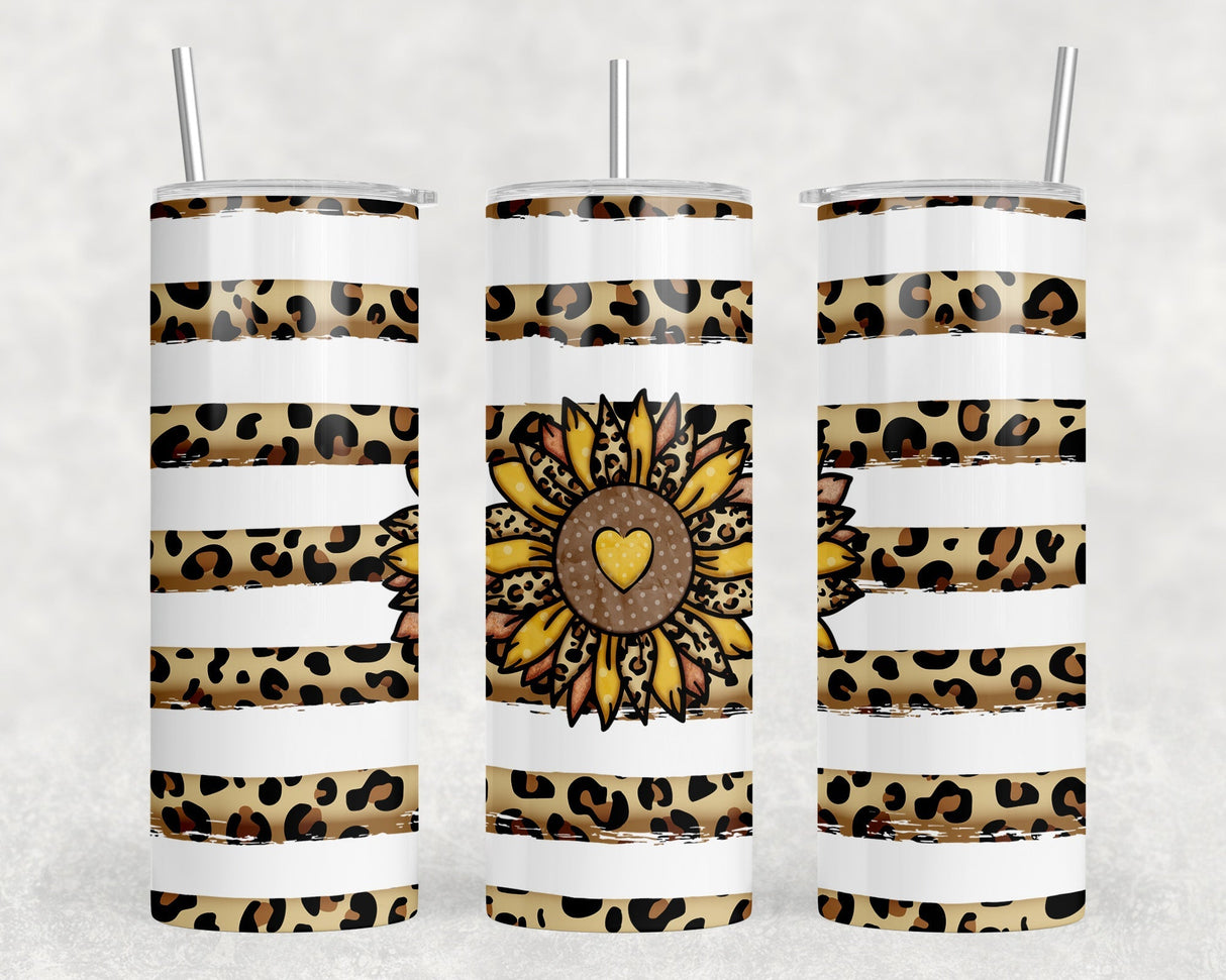 Leopard Print Sunflower - 20 oz Steel Skinny Tumbler - Optional Blue Tooth Speaker - Speaker Color will Vary by Rowdy Ridge Co